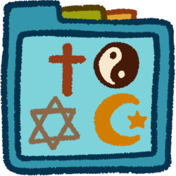 a cross, magen david, star and crescent and tao symbol. they're inside a teal folder that has green and orange folder tabs behind it.